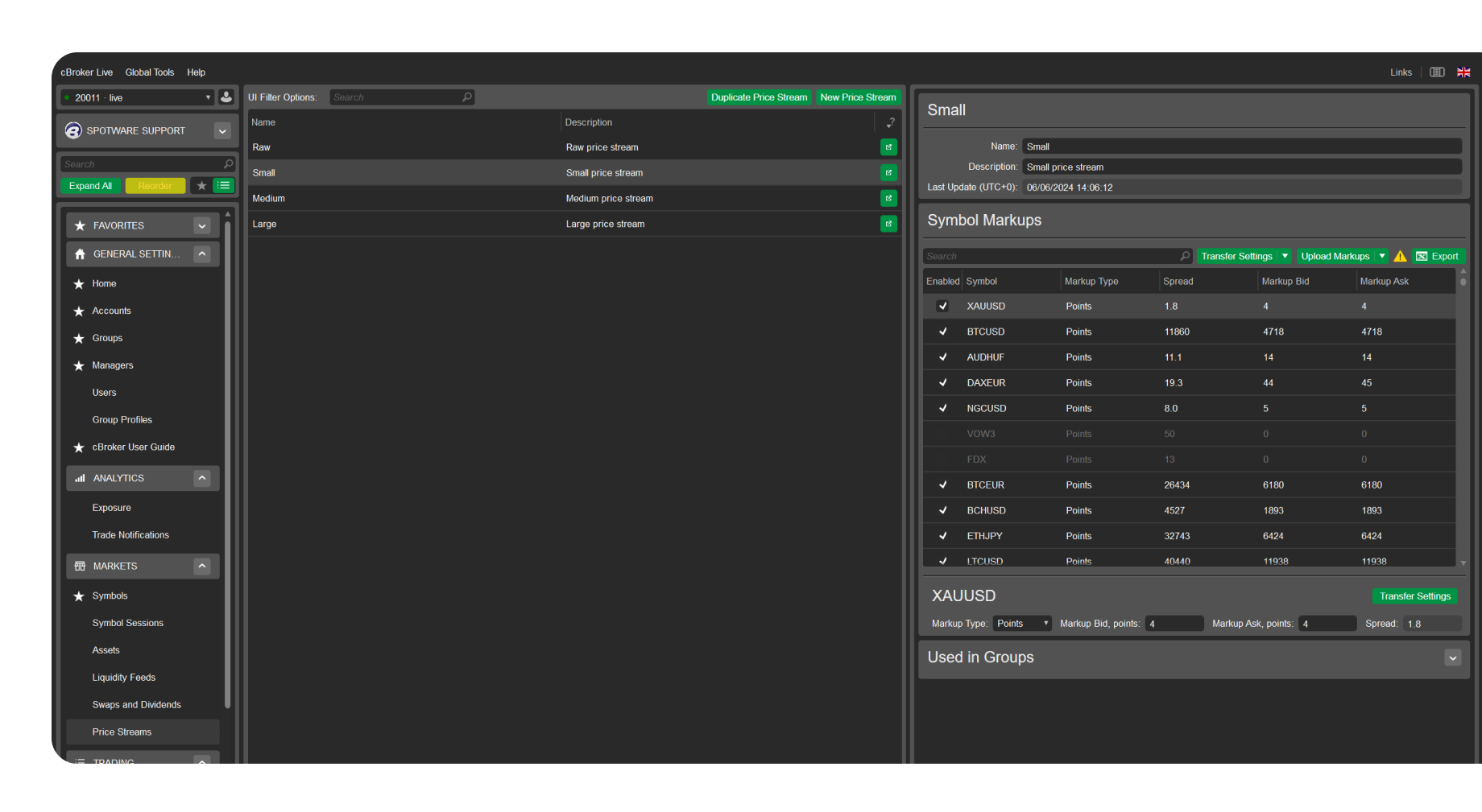 Price stream settings